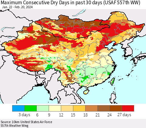 China, Mongolia and Taiwan Maximum Consecutive Dry Days in past 30 days (USAF 557th WW) 02/20/2024 Thematic Map For 2/16/2024 - 2/20/2024