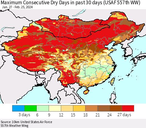 China, Mongolia and Taiwan Maximum Consecutive Dry Days in past 30 days (USAF 557th WW) 02/25/2024 Thematic Map For 2/21/2024 - 2/25/2024