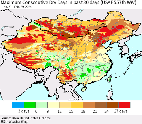 China, Mongolia and Taiwan Maximum Consecutive Dry Days in past 30 days (USAF 557th WW) 02/29/2024 Thematic Map For 2/26/2024 - 2/29/2024