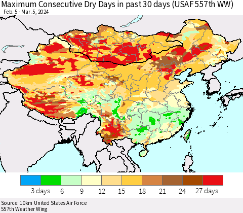 China, Mongolia and Taiwan Maximum Consecutive Dry Days in past 30 days (USAF 557th WW) 03/05/2024 Thematic Map For 3/1/2024 - 3/5/2024