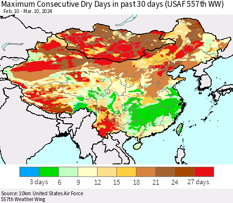 China, Mongolia and Taiwan Maximum Consecutive Dry Days in past 30 days (USAF 557th WW) 03/10/2024 Thematic Map For 3/6/2024 - 3/10/2024