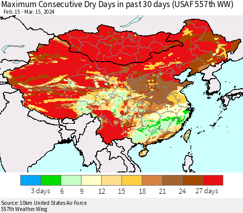 China, Mongolia and Taiwan Maximum Consecutive Dry Days in past 30 days (USAF 557th WW) 03/15/2024 Thematic Map For 3/11/2024 - 3/15/2024