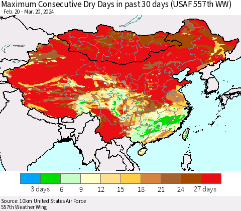 China, Mongolia and Taiwan Maximum Consecutive Dry Days in past 30 days (USAF 557th WW) 03/20/2024 Thematic Map For 3/16/2024 - 3/20/2024