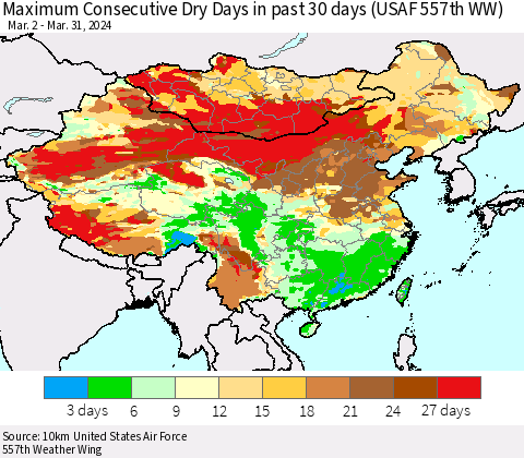 China, Mongolia and Taiwan Maximum Consecutive Dry Days in past 30 days (USAF 557th WW) 03/31/2024 Thematic Map For 3/26/2024 - 3/31/2024
