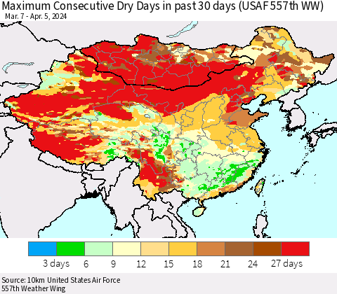 China, Mongolia and Taiwan Maximum Consecutive Dry Days in past 30 days (USAF 557th WW) 04/05/2024 Thematic Map For 4/1/2024 - 4/5/2024