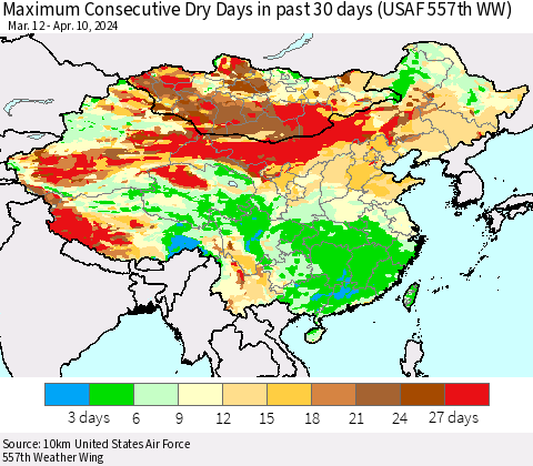 China, Mongolia and Taiwan Maximum Consecutive Dry Days in past 30 days (USAF 557th WW) 04/10/2024 Thematic Map For 4/6/2024 - 4/10/2024