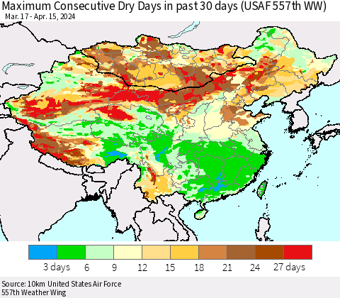 China, Mongolia and Taiwan Maximum Consecutive Dry Days in past 30 days (USAF 557th WW) 04/15/2024 Thematic Map For 4/11/2024 - 4/15/2024