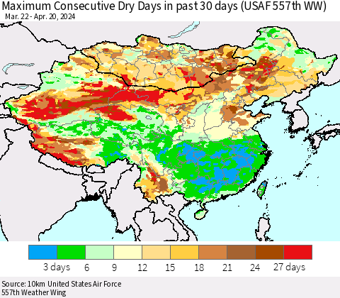China, Mongolia and Taiwan Maximum Consecutive Dry Days in past 30 days (USAF 557th WW) 04/20/2024 Thematic Map For 4/16/2024 - 4/20/2024