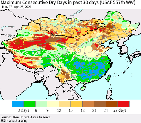 China, Mongolia and Taiwan Maximum Consecutive Dry Days in past 30 days (USAF 557th WW) 04/25/2024 Thematic Map For 4/21/2024 - 4/25/2024