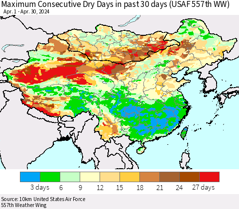 China, Mongolia and Taiwan Maximum Consecutive Dry Days in past 30 days (USAF 557th WW) 04/30/2024 Thematic Map For 4/26/2024 - 4/30/2024