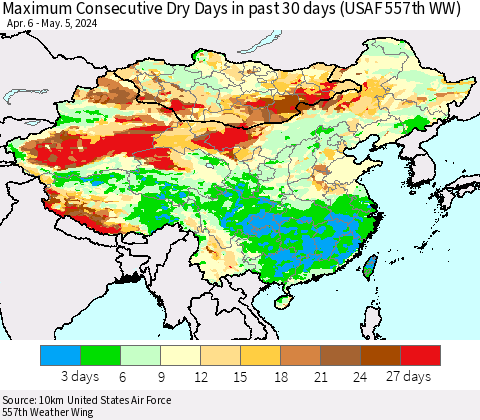 China, Mongolia and Taiwan Maximum Consecutive Dry Days in past 30 days (USAF 557th WW) 05/05/2024 Thematic Map For 5/1/2024 - 5/5/2024