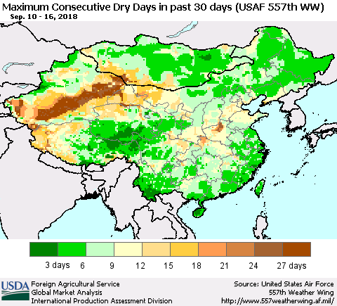 China and Taiwan Maximum Consecutive Dry Days in past 30 days (USAF 557th WW) 09/16/2018 Thematic Map For 9/10/2018 - 9/16/2018