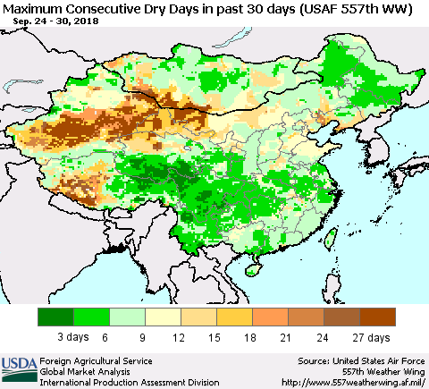 China and Taiwan Maximum Consecutive Dry Days in past 30 days (USAF 557th WW) 09/30/2018 Thematic Map For 9/24/2018 - 9/30/2018