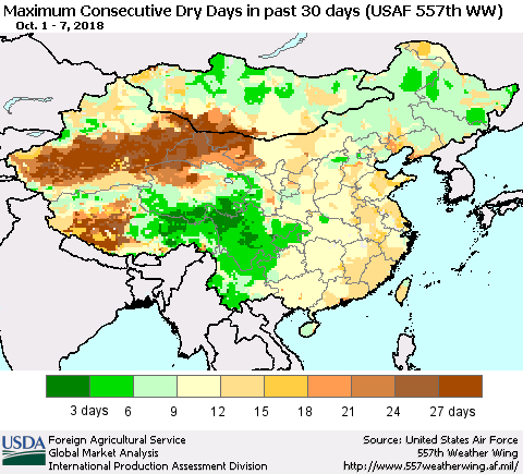 China and Taiwan Maximum Consecutive Dry Days in past 30 days (USAF 557th WW) 10/07/2018 Thematic Map For 10/1/2018 - 10/7/2018