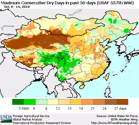 China and Taiwan Maximum Consecutive Dry Days in past 30 days (USAF 557th WW) 10/14/2018 Thematic Map For 10/8/2018 - 10/14/2018