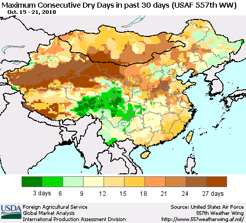 China and Taiwan Maximum Consecutive Dry Days in past 30 days (USAF 557th WW) 10/21/2018 Thematic Map For 10/15/2018 - 10/21/2018