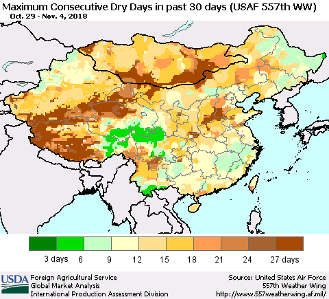 China and Taiwan Maximum Consecutive Dry Days in past 30 days (USAF 557th WW) 11/04/2018 Thematic Map For 10/29/2018 - 11/4/2018