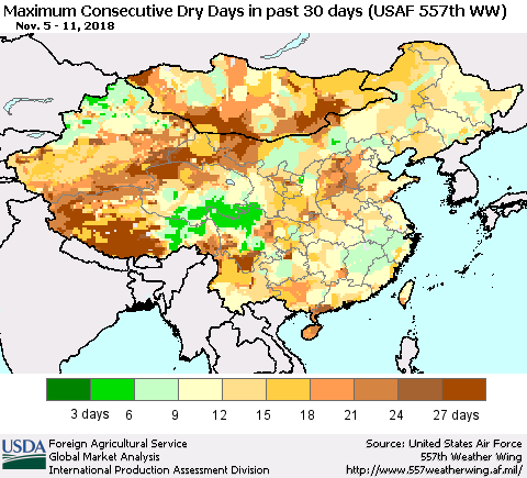 China and Taiwan Maximum Consecutive Dry Days in past 30 days (USAF 557th WW) 11/11/2018 Thematic Map For 11/5/2018 - 11/11/2018