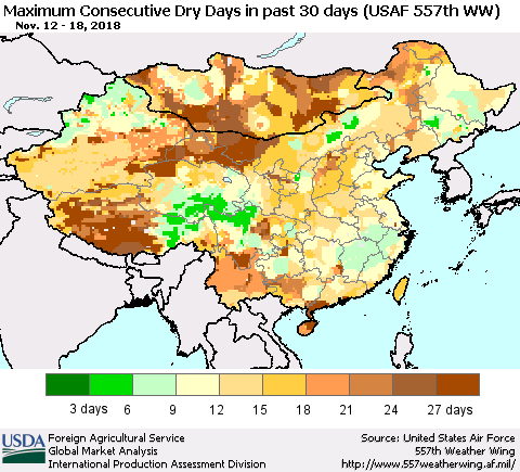 China and Taiwan Maximum Consecutive Dry Days in past 30 days (USAF 557th WW) 11/18/2018 Thematic Map For 11/12/2018 - 11/18/2018