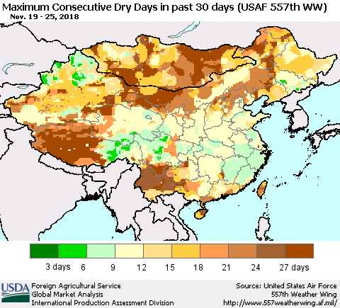 China and Taiwan Maximum Consecutive Dry Days in past 30 days (USAF 557th WW) 11/25/2018 Thematic Map For 11/19/2018 - 11/25/2018