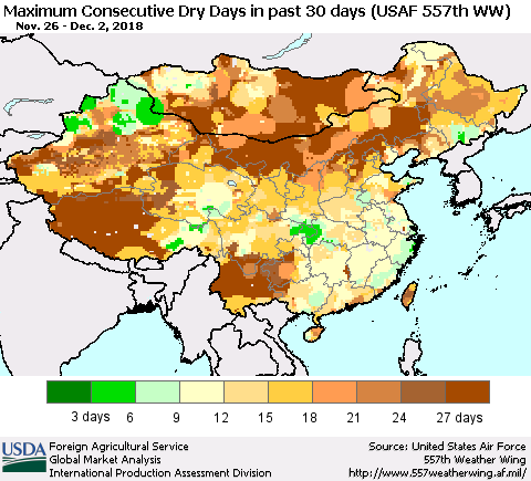 China and Taiwan Maximum Consecutive Dry Days in past 30 days (USAF 557th WW) 12/02/2018 Thematic Map For 11/26/2018 - 12/2/2018