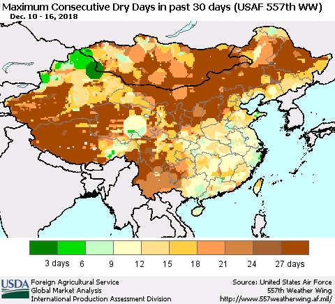 China and Taiwan Maximum Consecutive Dry Days in past 30 days (USAF 557th WW) 12/16/2018 Thematic Map For 12/10/2018 - 12/16/2018