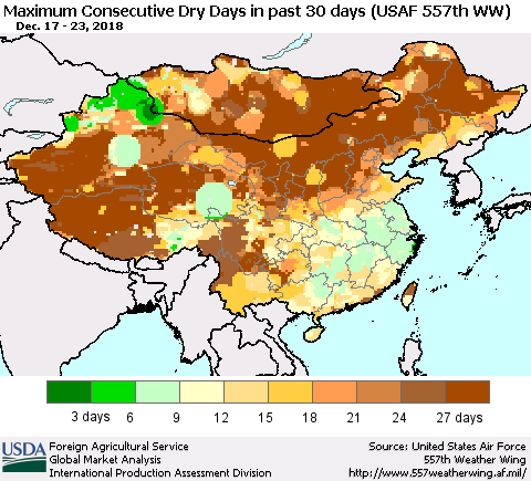 China and Taiwan Maximum Consecutive Dry Days in past 30 days (USAF 557th WW) 12/23/2018 Thematic Map For 12/17/2018 - 12/23/2018