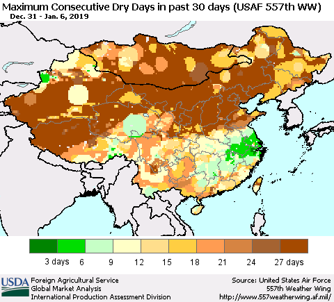 China and Taiwan Maximum Consecutive Dry Days in past 30 days (USAF 557th WW) 01/06/2019 Thematic Map For 12/31/2018 - 1/6/2019