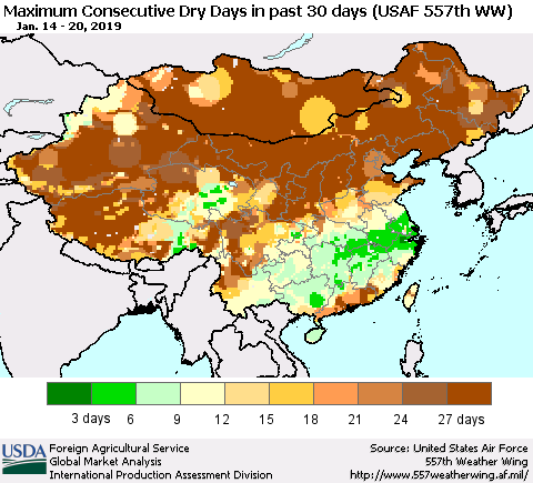 China and Taiwan Maximum Consecutive Dry Days in past 30 days (USAF 557th WW) 01/20/2019 Thematic Map For 1/14/2019 - 1/20/2019