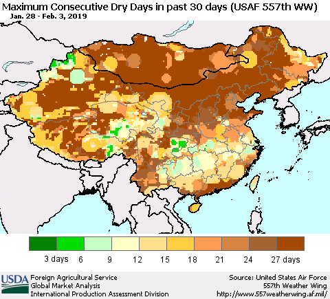 China and Taiwan Maximum Consecutive Dry Days in past 30 days (USAF 557th WW) 02/03/2019 Thematic Map For 1/28/2019 - 2/3/2019