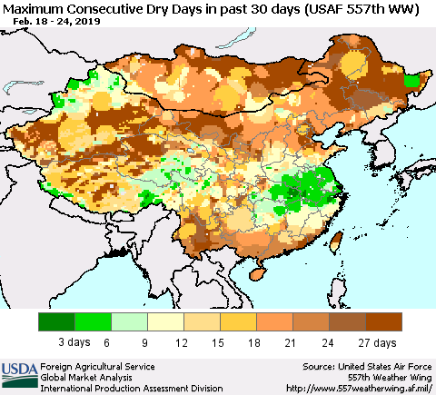 China and Taiwan Maximum Consecutive Dry Days in past 30 days (USAF 557th WW) 02/24/2019 Thematic Map For 2/18/2019 - 2/24/2019