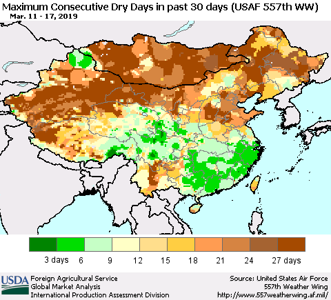 China and Taiwan Maximum Consecutive Dry Days in past 30 days (USAF 557th WW) 03/17/2019 Thematic Map For 3/11/2019 - 3/17/2019