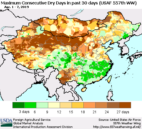 China and Taiwan Maximum Consecutive Dry Days in past 30 days (USAF 557th WW) 04/07/2019 Thematic Map For 4/1/2019 - 4/7/2019