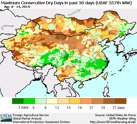 China and Taiwan Maximum Consecutive Dry Days in past 30 days (USAF 557th WW) 04/14/2019 Thematic Map For 4/8/2019 - 4/14/2019