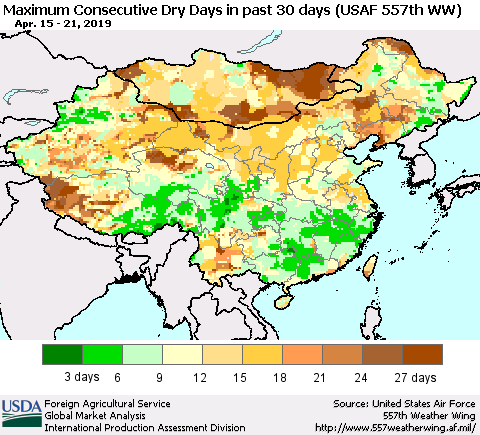 China and Taiwan Maximum Consecutive Dry Days in past 30 days (USAF 557th WW) 04/21/2019 Thematic Map For 4/15/2019 - 4/21/2019