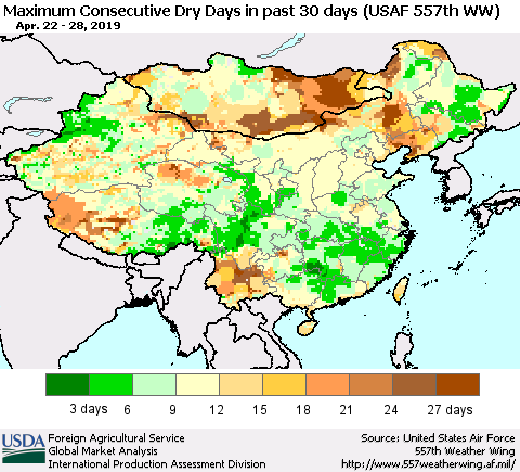 China and Taiwan Maximum Consecutive Dry Days in past 30 days (USAF 557th WW) 04/28/2019 Thematic Map For 4/22/2019 - 4/28/2019