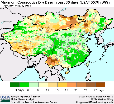 China and Taiwan Maximum Consecutive Dry Days in past 30 days (USAF 557th WW) 05/05/2019 Thematic Map For 4/29/2019 - 5/5/2019