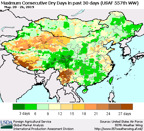 China and Taiwan Maximum Consecutive Dry Days in past 30 days (USAF 557th WW) 05/26/2019 Thematic Map For 5/20/2019 - 5/26/2019
