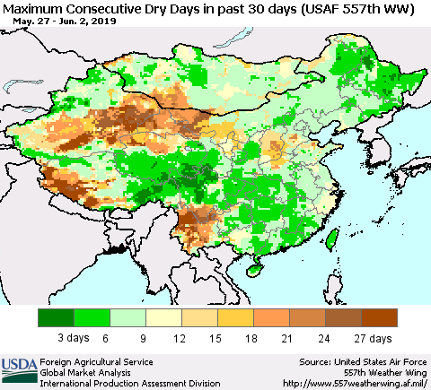 China and Taiwan Maximum Consecutive Dry Days in past 30 days (USAF 557th WW) 06/02/2019 Thematic Map For 5/27/2019 - 6/2/2019