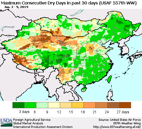China and Taiwan Maximum Consecutive Dry Days in past 30 days (USAF 557th WW) 06/09/2019 Thematic Map For 6/3/2019 - 6/9/2019