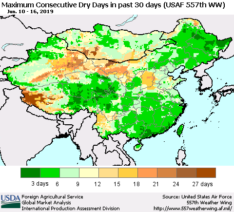 China and Taiwan Maximum Consecutive Dry Days in past 30 days (USAF 557th WW) 06/16/2019 Thematic Map For 6/10/2019 - 6/16/2019