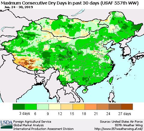 China and Taiwan Maximum Consecutive Dry Days in past 30 days (USAF 557th WW) 06/30/2019 Thematic Map For 6/24/2019 - 6/30/2019