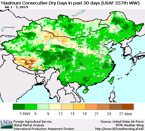 China and Taiwan Maximum Consecutive Dry Days in past 30 days (USAF 557th WW) 07/07/2019 Thematic Map For 7/1/2019 - 7/7/2019