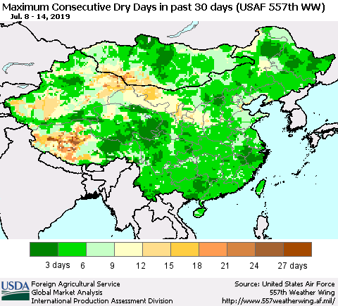 China and Taiwan Maximum Consecutive Dry Days in past 30 days (USAF 557th WW) 07/14/2019 Thematic Map For 7/8/2019 - 7/14/2019