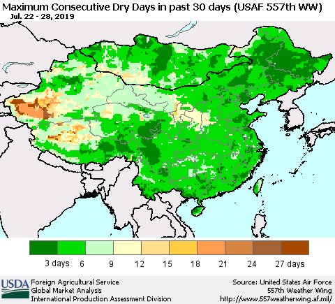 China and Taiwan Maximum Consecutive Dry Days in past 30 days (USAF 557th WW) 07/28/2019 Thematic Map For 7/22/2019 - 7/28/2019