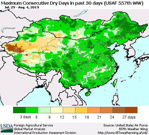 China and Taiwan Maximum Consecutive Dry Days in past 30 days (USAF 557th WW) 08/04/2019 Thematic Map For 7/29/2019 - 8/4/2019