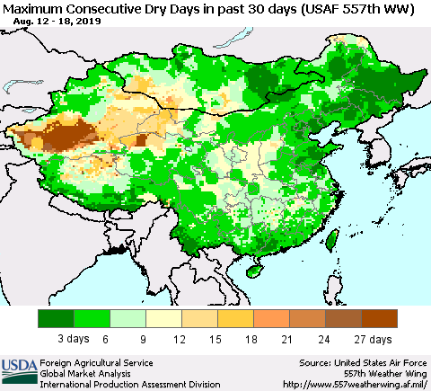 China and Taiwan Maximum Consecutive Dry Days in past 30 days (USAF 557th WW) 08/18/2019 Thematic Map For 8/12/2019 - 8/18/2019