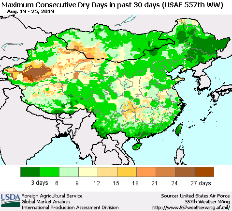 China and Taiwan Maximum Consecutive Dry Days in past 30 days (USAF 557th WW) 08/25/2019 Thematic Map For 8/19/2019 - 8/25/2019
