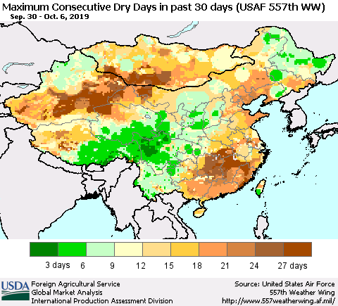 China and Taiwan Maximum Consecutive Dry Days in past 30 days (USAF 557th WW) 10/06/2019 Thematic Map For 9/30/2019 - 10/6/2019