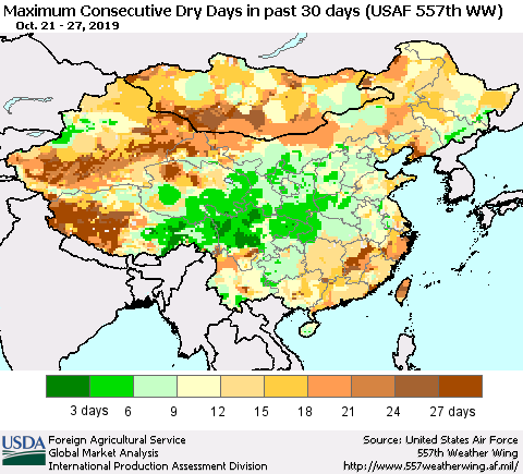 China and Taiwan Maximum Consecutive Dry Days in past 30 days (USAF 557th WW) 10/27/2019 Thematic Map For 10/21/2019 - 10/27/2019
